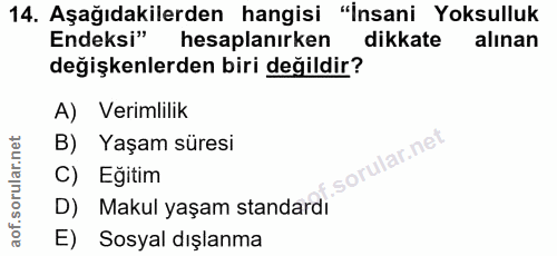 14. soru: Aşağıdakilerden hangisi "İnsani Yoksulluk Endeksi" hesaplanırken dikkate alınan değişkenlerden biri değildir? A) Veri…