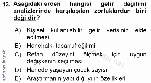 13. soru: Aşağıdakilerden hangisi gelir dağılımı analizlerinde karşılaşılan zorluklardan biri değildir? A) Kişisel kullanılabil…