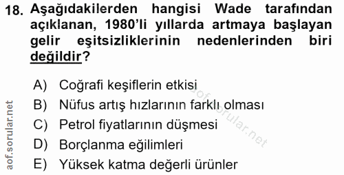 18. soru: Aşağıdakilerden hangisi Wade tarafindan açıklanan, 1980'li yıllarda artmaya başlayan gelir eşitsizliklerinin nedenler…