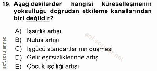 19. soru: Aşağıdakilerden hangisi küreselleşmenin yoksulluğu doğrudan etkileme kanallarından biri değildir? A) İşsizlik artışı…