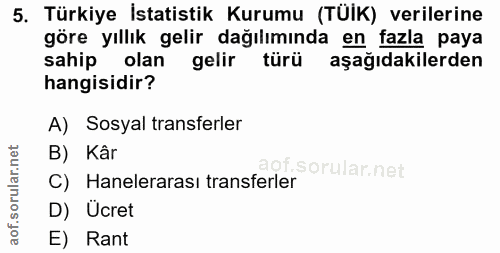 5. soru: Türkiye İstatistik Kurumu (TÜİK) verilerine göre yıllık gelir dağılımında en fazla paya sahip olan gelir türü aşağıda…