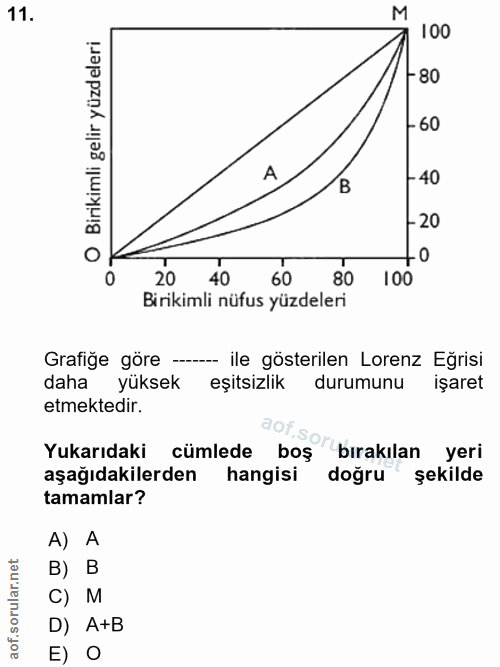 11. soru: M 100 - 80 Birikimli gelir yüzdeleri •60 A - 40 -20 20 20 40 100 Birikimli nüfus yüzdeleri Grafiğe göre -- ile göster…