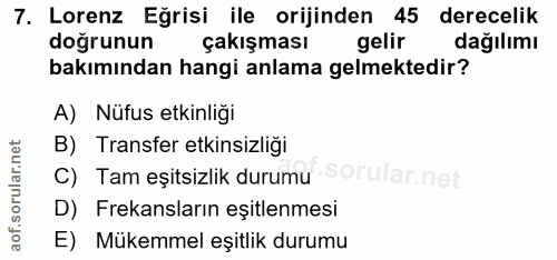 7. soru: Lorenz Eğrisi ile orijinden 45 derecelik dogrunun çakışması gelir dağılimı bakımından hangi anlama gelmektedir? A) Nü…