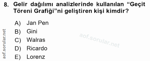 8. soru: Gelir dağılımı analizlerinde kullanılan "Geçit Töreni Grafiği"ni geliştiren kişi kimdir? A) Jan Pen Gini C) Walras D)…