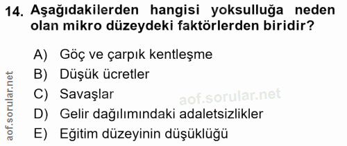 14. soru: Aşağıdakilerden hangisi yoksulluğa neden olan mikro düzeydeki faktörlerden biridir? A) Göç ve çarpık kentleşme B) Düş…