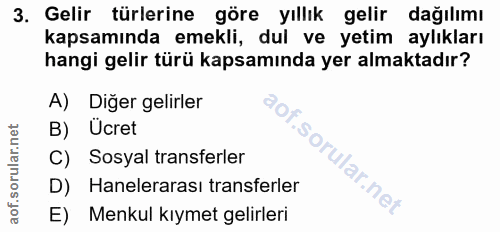 3. soru: Gelir türlerine göre yıllık gelir dağılımı kapsamında emekli, dul ve yetim aylıkları hangi gelir türü kapsamında yer…