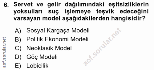 6. soru: Servet ve gelir dağılımındaki eşitsizliklerin yoksulları suç işlemeye teşvik edeceğini varsayan model aşağıdakilerden…