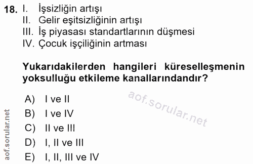18. soru: I. İşsizliğin artışı II. Gelir eşitsizliğinin artışı III. Iș piyasası standartlarının düşmesi IV. Çocuk işçiliğinin a…
