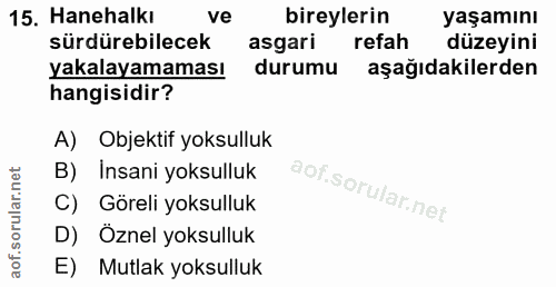 15. soru: Hanehalkı ve bireylerin yaşamını sürdürebilecek asgari i refah düzeyini yakalayamaması durumu aşağıdakilerden hangisi…