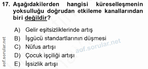 17. soru: Aşağıdakilerden hangisi küreselleşmenin yoksulluğu doğrudan etkileme kanallarından biri degildir? A) Gelir eşitsizlik…
