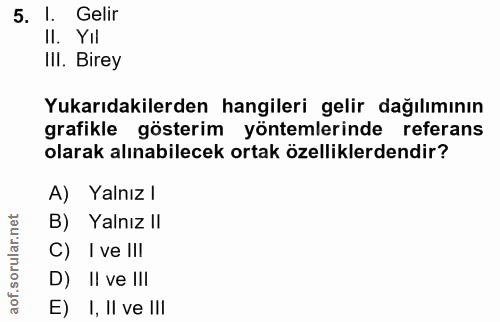 5. soru: I. Gelir II. Yil IlI. Birey Yukarıdakilerden hangileri gelir dağılımının grafikle gösterim yöntemlerinde referans ola…