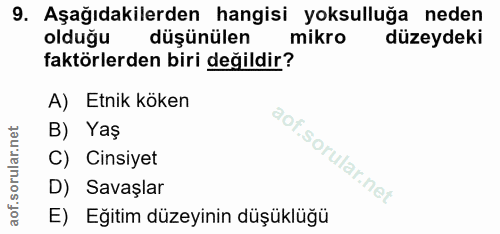 9. soru: Aşağıdakilerden hangisi yoksulluğa neden olduğu düşünülen mikro düzeydeki faktörlerden biri değildir? A) Etnik köken…
