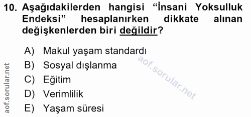 10. soru: Aşağıdakilerden hangisi "İnsani Yoksulluk Endeksi" hesaplanırken dikkate alınan değişkenlerden biri değildir? A) Maku…