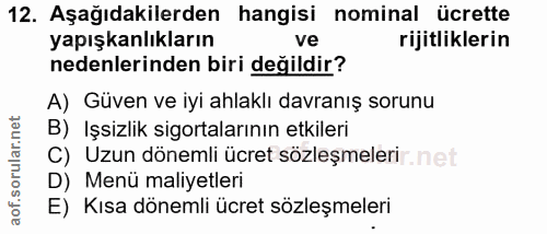 12. soru: Aşağıdakilerden hangisi nominal ücrette yapışkanlıkların ve rijitliklerin nedenlerinden biri değildir? A) Güven ve iy…