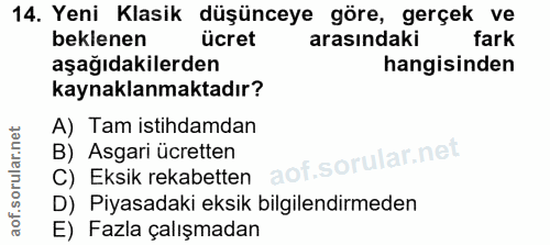 14. soru: Yeni Klasik düşünceye göre, gerçek ve beklenen ücret arasındaki fark aşağıdakilerden hangisinden kaynaklanmaktadır? A…