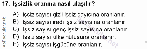 17. soru: Işsizlik oranına nasıl ulaşılır? A) Işsiz sayısı gizli işsiz sayısına oranlanır. B) Işsiz sayısı iradi işsiz sayısına…