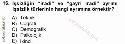 16. soru: Işsizliğin "iradi" ve "gayri iradi" ayrımı işsizlik türlerinin hangi ayrımına örnektir? A) Teknik B) Coğrafi C) Demog…