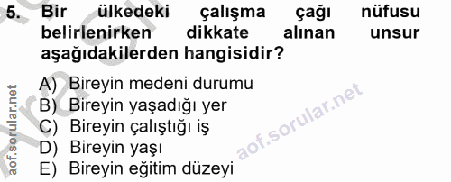 5. soru: Bir ülkedeki çalışma çağı nüfusu belirlenirken dikkate alınan unsur aşağıdakilerden hangisidir? A) Bireyin medeni dur…