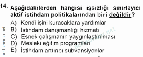 14. soru: Aşağıdakilerden hangisi işsizliği sınırlayıcı aktif istihdam politikalarından biri değildir? A) Kendi işini kuracakla…