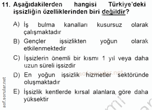 11. soru: Aşağıdakilerden hangisi Türkiye'deki işsizliğin özelliklerinden biri değildir? A) İş bulma kanalları kusursuz olarak…