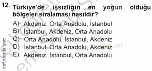 12. soru: Türkiye'de/s işsizliğin en yoğun olduğu bölgeler sıralaması nasıldır? A): Akdeniz, Orta Anadolu, istanbul B) İstanbul…