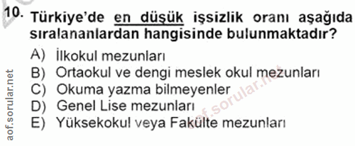 10. soru: Türkiye'de en düşük işsizlik oranı aşağıda sıralananlardan hangisinde bulunmaktadır? A) İlkokul mezunları B) Ortaokul…
