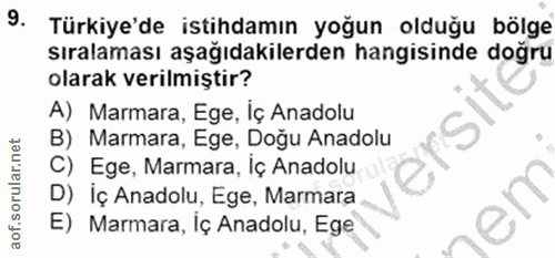 9. soru: Türkiye'de istihdamın yoğun olduğu bölge sıralaması aşağıdakilerden hangisinde doğru olarak verilmiştir? A) Marmara,…