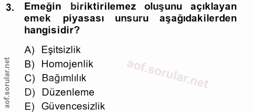 3. soru: Emeğin biriktirilemez oluşunu açıklayan emek piyasası unsuru aşağıdakilerden hangisidir? A) Eşitsizlik B) Homojenlik…