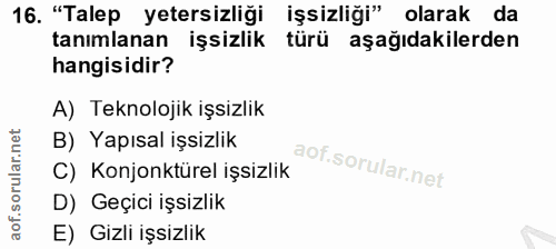 16. soru: "Talep yetersizliği işsizliği" olarak da tanımlanan işsizlik türü aşağıdakilerden hangisidir? A) Teknolojik işsizlik…