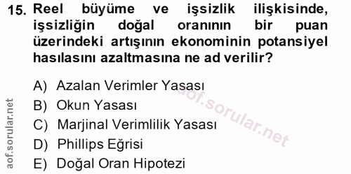 15. soru: Reel büyüme ve işsizlik ilIşkisinde, işsizliğin doğal oranının bir puan üzerindeki artışının ekonominin potansiyel ha…