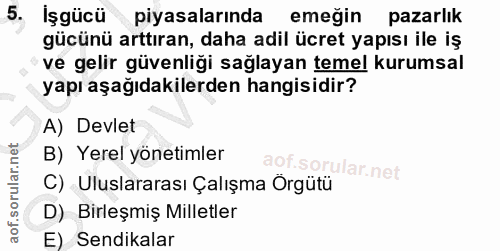 5. soru: İşgücü piyasalarında emegin pazarlık gücünü arttıran, daha adil ücret yapısı ile iş ve gelir güvenliği sağlayan temel…