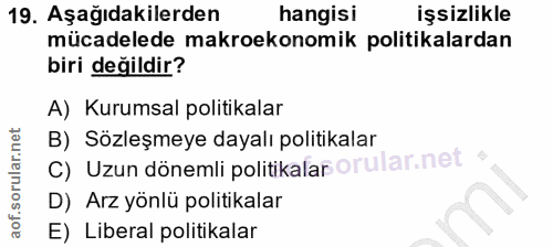 19. soru: Aşağıdakilerden hangisi işsizlikle mücadelede makroekonomik politikalardan biri değildir? A) Kurumsal politikalar B)…