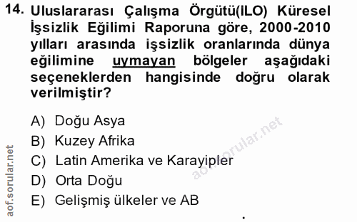 14. soru: Uluslararası Çalışma Örgütü(ILO) Küresel Işsizlik Eğilimi Raporuna göre, 2000-2010 yılları arasında işsizlik oranları…