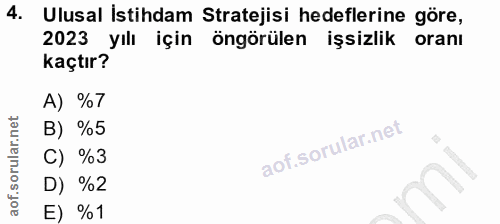 4. soru: Ulusal İstihdam Stratejisi hedeflerine göre, 2023 yıll için öngörülen işsizlik oranı kaçtır? A) %7 B) %5 C) %3 D) %2…