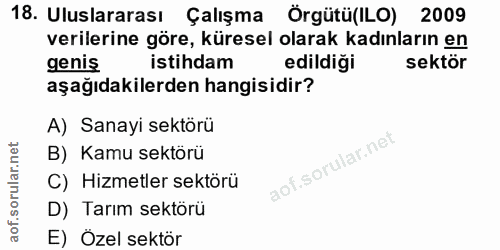 18. soru: Uluslararası Çalışma Örgütü(ILO) 2009 verilerine göre, küresel olarak kadınların en genis istihdam edildiği sektör aş…