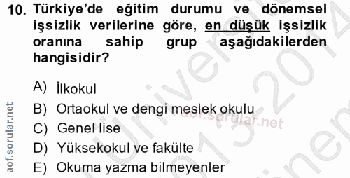 10. soru: Türkiye'de eğitim durumu ve dönemsel işsizlik verilerine göre, en düşük işsizlik oranına sahip grup aşağıdakilerden h…