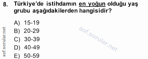 8. soru: Türkiye'de istihdamın en yoğun olduğu yaş grubu aşağıdakilerden hangisidir? A) 15-19 B) 20-29 C) 30-39 D) 40-49 E) 50-59