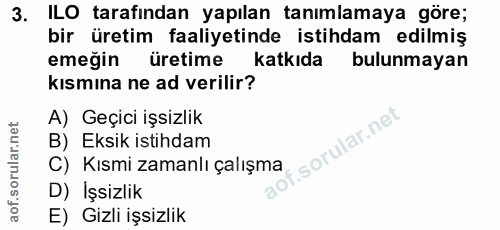 3. soru: ILO tarafından yapılan tanımlamaya göre; bir üretim faaliyetinde istihdam edilmiş emeğin üretime s katkıda bulunmayan…