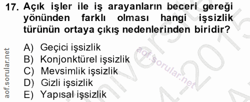 17. soru: Açık işler ile iş arayanların beceri gereği yönünden farklı olması hangi işsizlik türünün ortaya çıkış nedenlerinden…