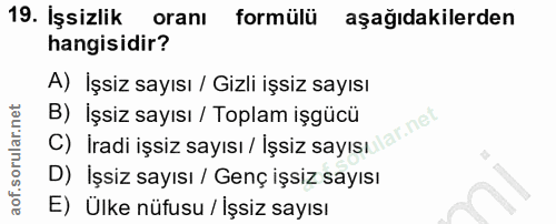 19. soru: İşsizlik oranı formülü aşağıdakilerden hangisidir? A) İşsiz sayısı / Gizli işsiz sayısı B) İşsiz sayısı / Toplam işgü…