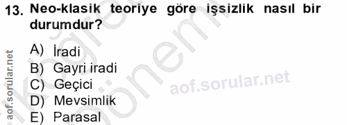 13. soru: Neo-klasik teoriye göre işsizlik nasıl bir durumdur? A) İradi Gayri iradi Geçici Mevsimlik Parasal