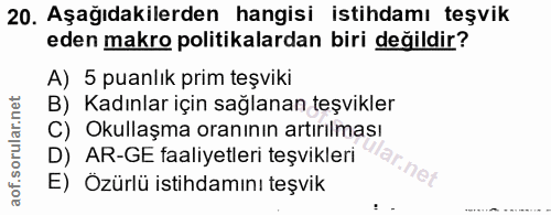 20. soru: Aşağıdakilerden hangisi istihdamı teşvik eden makro politikalardan biri değildir? A) 5 puanlık prim teşviki B) Kadınl…