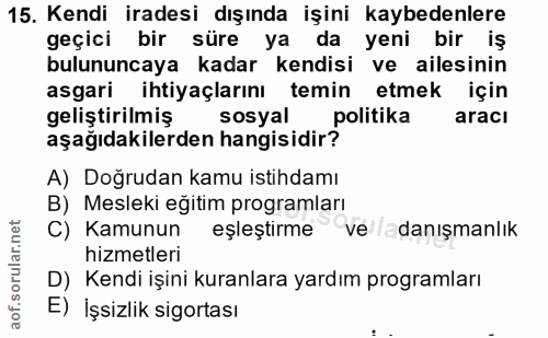 15. soru: Kendi iradesi dışında işini kaybedenlere geçici bir süre ya da yeni bir iş bulununcaya kadar kendisi ve ailesinin asg…