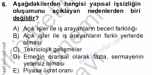 6. soru: Aşağıdakilerden hangisi yapısal işsizliğin oluşumunu açıklayan nedenlerden biri değildir? A) Açık işler ile iş arayan…