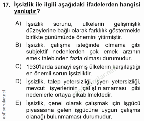 17. soru: Işsizlik ile ilgili aşağıdaki ifadelerden hangisi yanlıştır? A) Işsizlik sorunu, ülkelerin gelişmişlik düzeylerine ba…