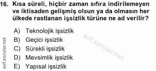 16. soru: Kısa süreli, hiçbir zaman sıfıra indirilemeyen ve iktisaden gelişmiş olsun ya da olmasın her ülkede rastlanan işsizli…