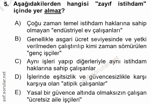 5. soru: Aşağıdakilerden hangisi "zayıf istihdam" içinde yer almaz? A) Çoğu zaman temel istihdam haklarına sahip olmayan "endü…