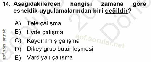 14. soru: Aşağıdakilerden hangisi zamana göre esneklik uygulamalarından biri değildir? A) Tele çalışma B) Evde çalışma C) Kaydı…