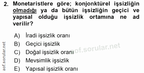 2. soru: Monetaristlere göre; konjonktürel işsizliğin olmadığı ya da bütün işsizliğin geçici ve yapısal olduğu işsizlik ortamı…