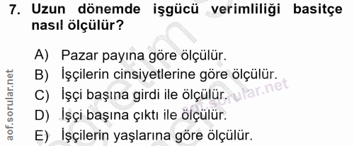 7. soru: Uzun dönemde işgücü verimliliği basitçe nasıl ölçülür? A) Pazar payına göre ölçülür. B) İşçilerin cinsiyetlerine göre…